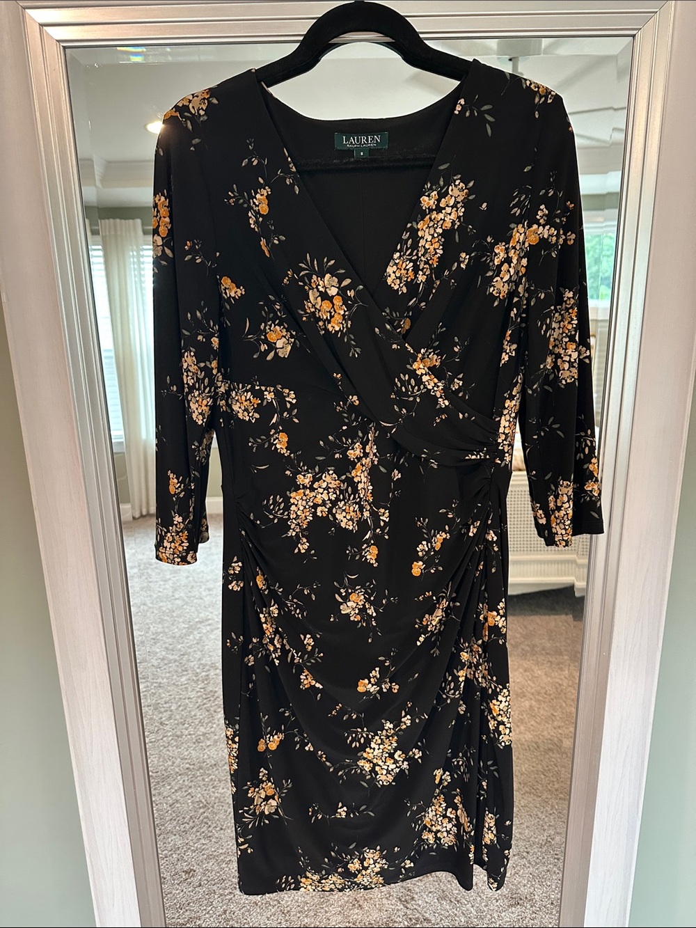 Lauren Ralph Lauren Black Floral Faux-Wrap Dress with Yellow Accents
